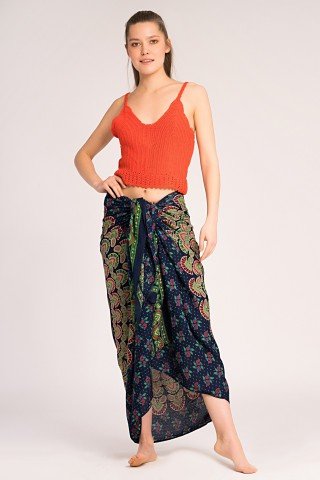 Sarong bleumarin cu print paun verde