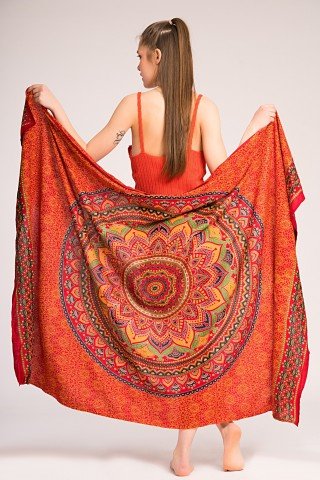 Sarong rosu cu floare lotus portocalie