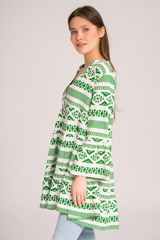 Tunica tip Rochie alba cu imprimeu geometric verde