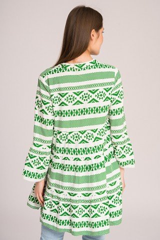 Tunica tip Rochie alba cu imprimeu geometric verde