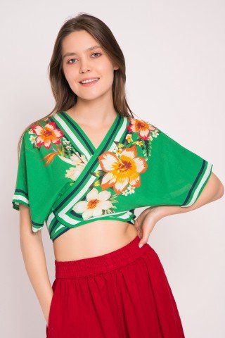 Kimono scurt verde petrecut cu print floral