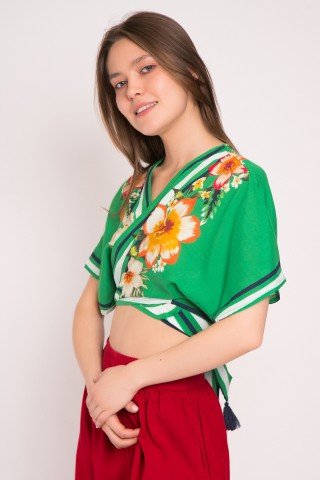 Kimono scurt verde petrecut cu print floral