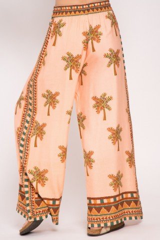 Pantaloni largi roz pastel cu palmieri