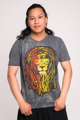 Tricou gri stone wash rasta Lion