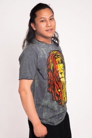 Tricou gri stone wash rasta Lion