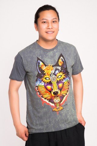 Tricou gri petrol Wolf and Owl