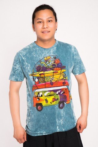 Tricou albastru stone wash Hippy Car