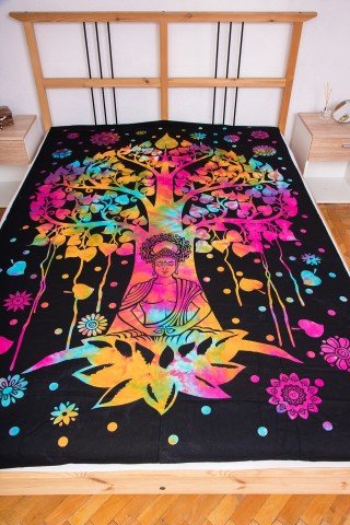 Cuvertura neagra cu print multicolor Tree of Buda