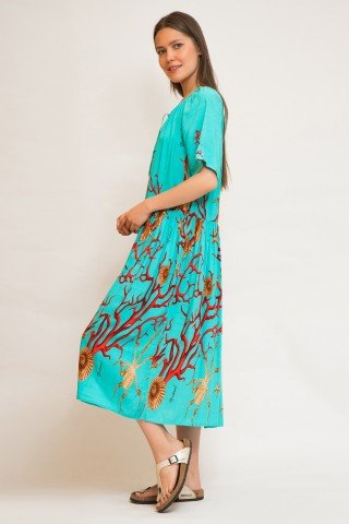 Rochie midi turcoaz cu imprimeu multicolor