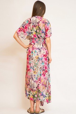 Rochie asimetrica plisata cu imprimeu multicolor