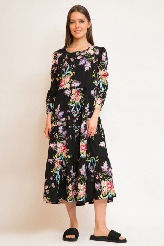 Rochie neagra cu mansete si imprimeu floral