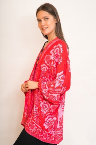 Kimono rosu cu imprimeu floral roz