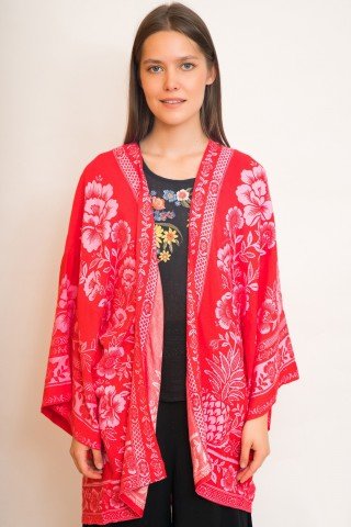 Kimono rosu cu imprimeu floral roz