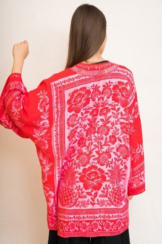 Kimono rosu cu imprimeu floral roz