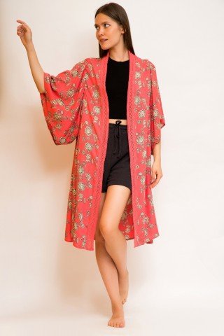 Kimono midi cu imprimeu floral si dantela