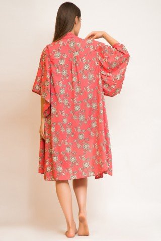 Kimono midi cu imprimeu floral si dantela