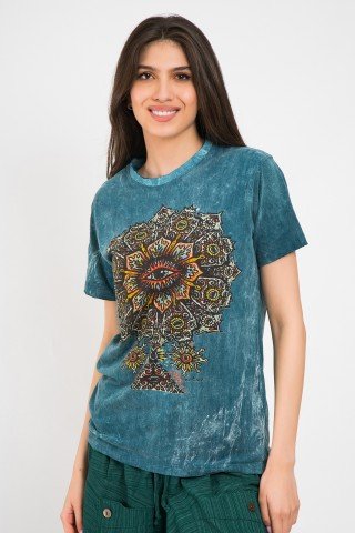 Tricou unisex stone wash albastru Mandala Eye