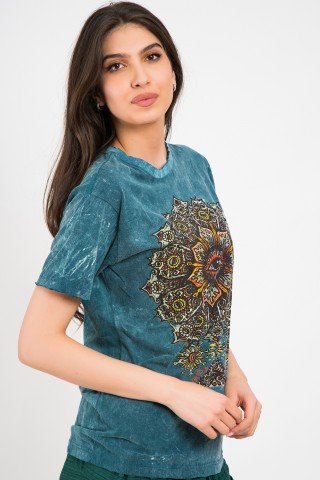 Tricou unisex stone wash albastru Mandala Eye