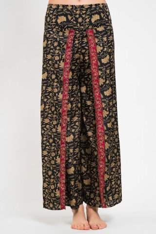 Pantaloni petrecuti negri cu print floral crem
