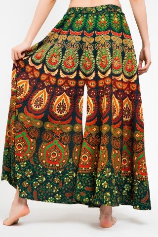 Fusta pantalon verde cu print coada de paun