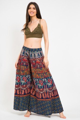 Fusta pantalon bleumarin si caramiziu cu print indian