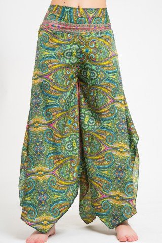 Pantaloni largi din matase asimetrici verzi cu print paisley