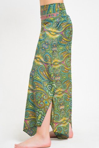 Pantaloni largi din matase asimetrici verzi cu print paisley