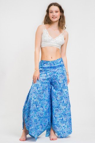 Pantaloni din matase blue asimetrici