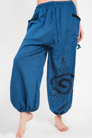 Pantaloni tip salvari albastri cu print negru