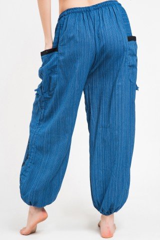 Pantaloni tip salvari albastri cu print negru