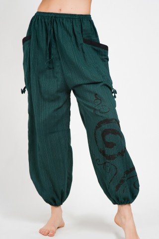 Pantaloni tip salvari verde inchis cu print si siret lateral