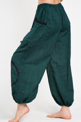 Pantaloni tip salvari verde inchis cu print si siret lateral