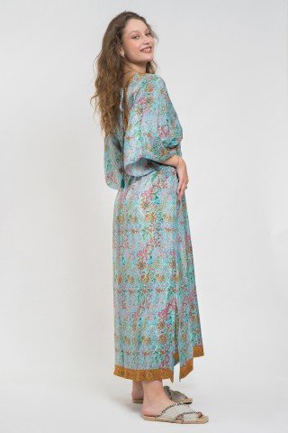 Rochie din matase vegetala bleu cu slituri laterale