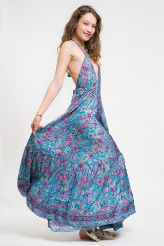 Rochie din matase vegetala bleu paisley print roz