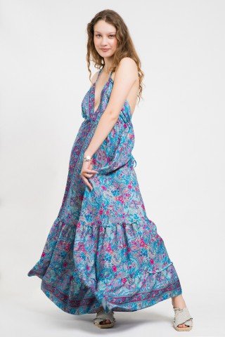 Rochie din matase vegetala bleu paisley print roz