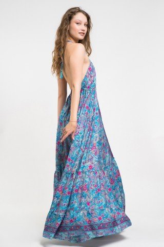 Rochie din matase vegetala bleu paisley print roz