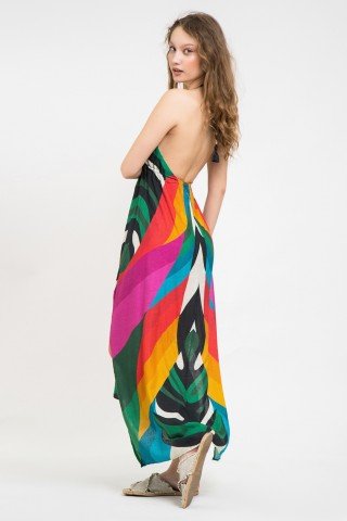 Rochie asimetrica multicolora cu slituri laterale