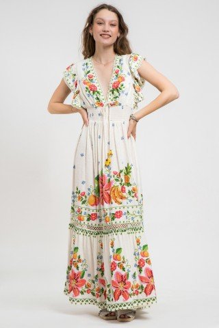 Rochie alba cu elatic in talie si print tip goblen
