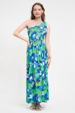 Rochie lunga top cu flori albaste si verzi