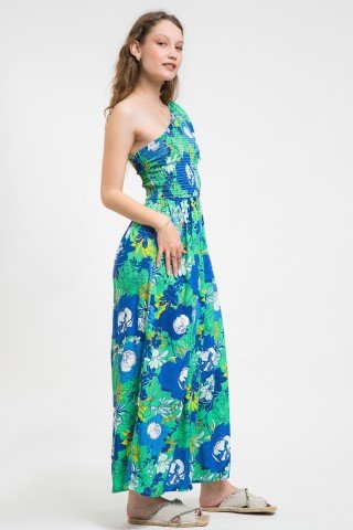 Rochie lunga top cu flori albaste si verzi