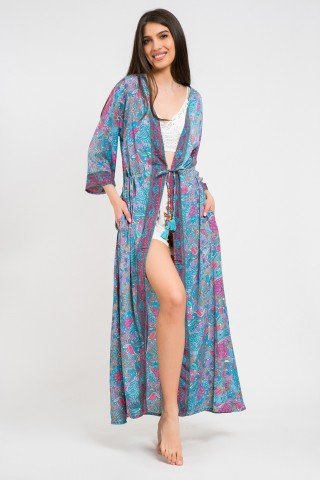 Caftan lung albastru cu imprimeu floral roz