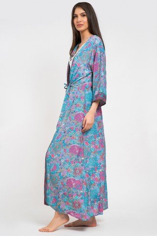 Caftan lung albastru cu imprimeu floral roz