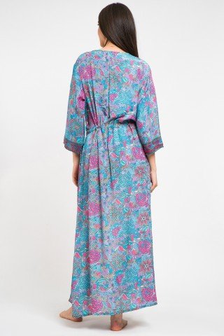 Caftan lung albastru cu imprimeu floral roz