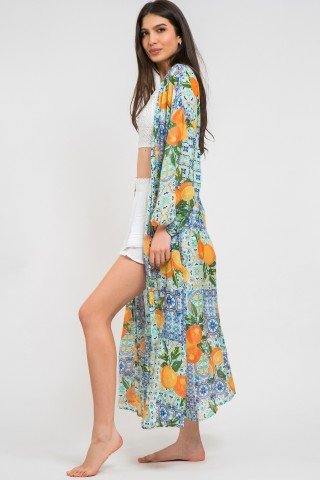 Caftan bleu lung cu portocale