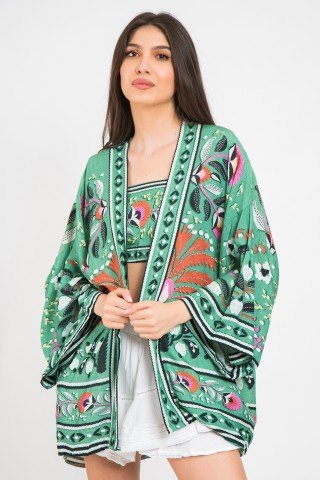 Kimono verde cu print multicolor si maneci largi