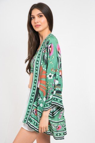 Kimono verde cu print multicolor si maneci largi