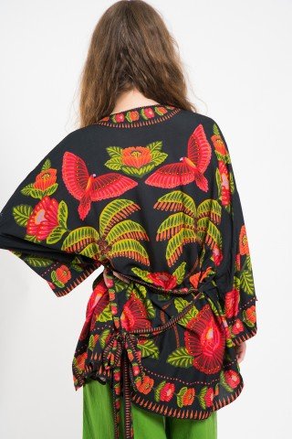 Kimono negru cu imprimeu floral rosu