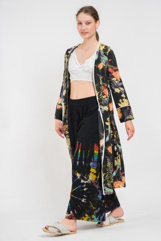 Caftan negru cu flori multicolore