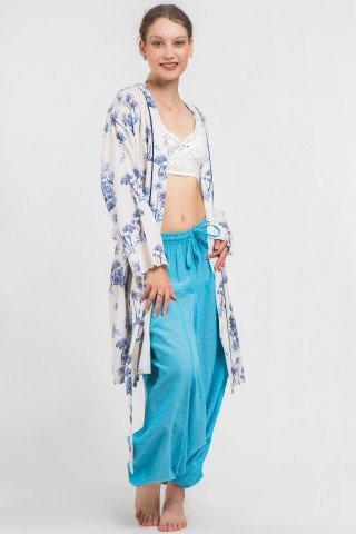 Kimono alb cu print albastru si cordon
