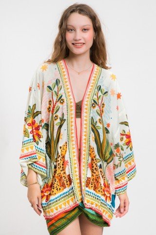 Kimono alb Jungle cu imprimeu multicolor